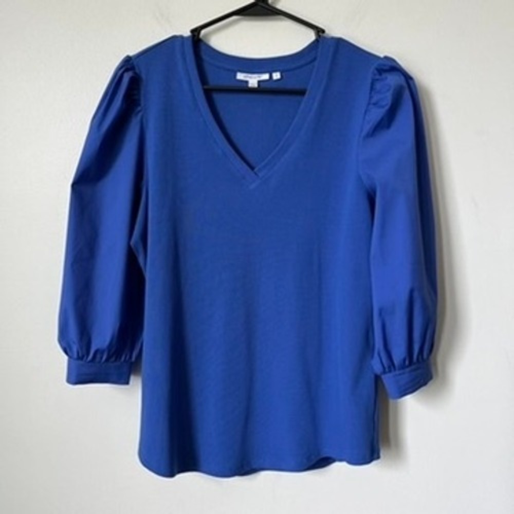Chico's Rib Mix V Neck Top Blue Womens Large Puff Sleeve